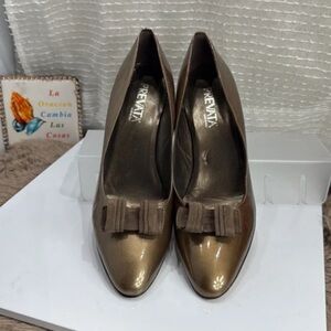Prevata Metallic Bronze Pointed Toe Pumps with Bow